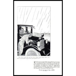 1924 Kelly Springfield Tires Vintage Print Ad Antique Car Rain Repair Wall Art